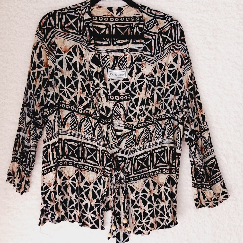 Sweater Cardigan Fitting Image Black Brown Wood Bead Tie LS Crinkle USA Size 22